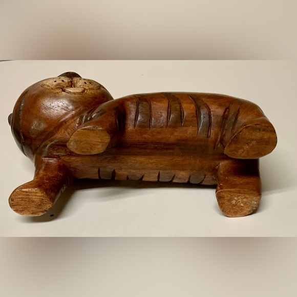 Vintage Mid Century Antique Solid Hand Carved Baby Tiger Cat Figurine Sculpture - Picture 8 of 16